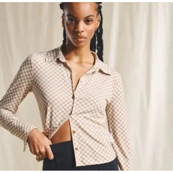 Abercrombie & Fitch Tan & White Checkered Collared Long Sleeve Button-up Top S - Picture 1 of 10